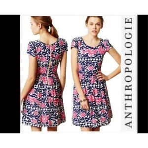 Maeve Peralta Minidress, Size 6. Navy and pink garden girl pattern
